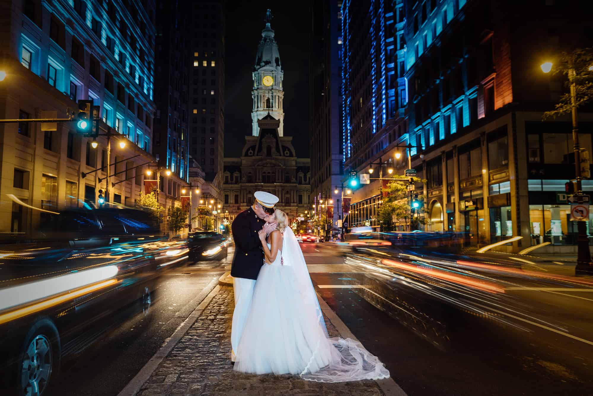 end of night shot with the newlywed couple in the middle of the street