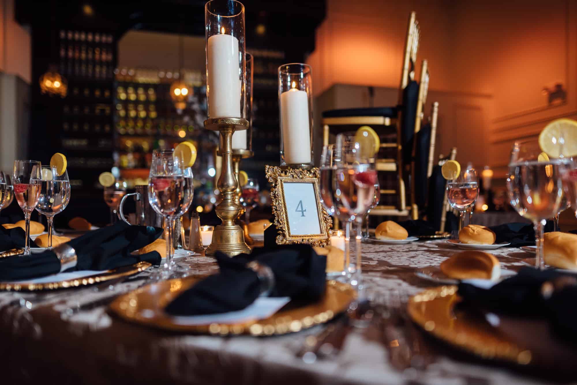 Candle centerpiece on table at wedding reception