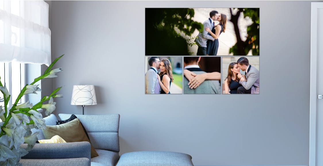 A living room display showcases a collage of framed wedding photos arranged artistically on the wall. The collection captures various joyful moments - some tightly cropped close-up portraits of the happy couple.