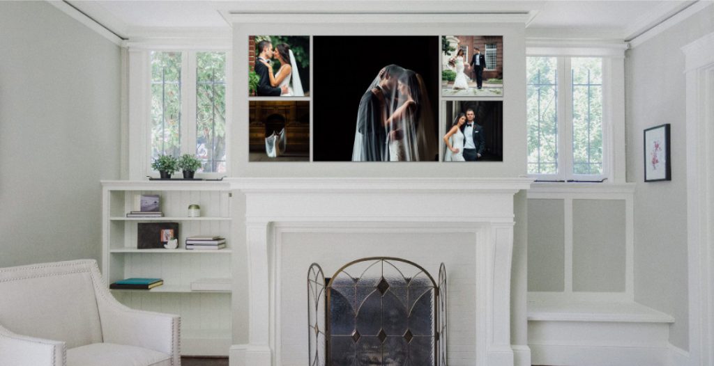 A living room display showcases a collage of framed wedding photos arranged artistically on the wall.