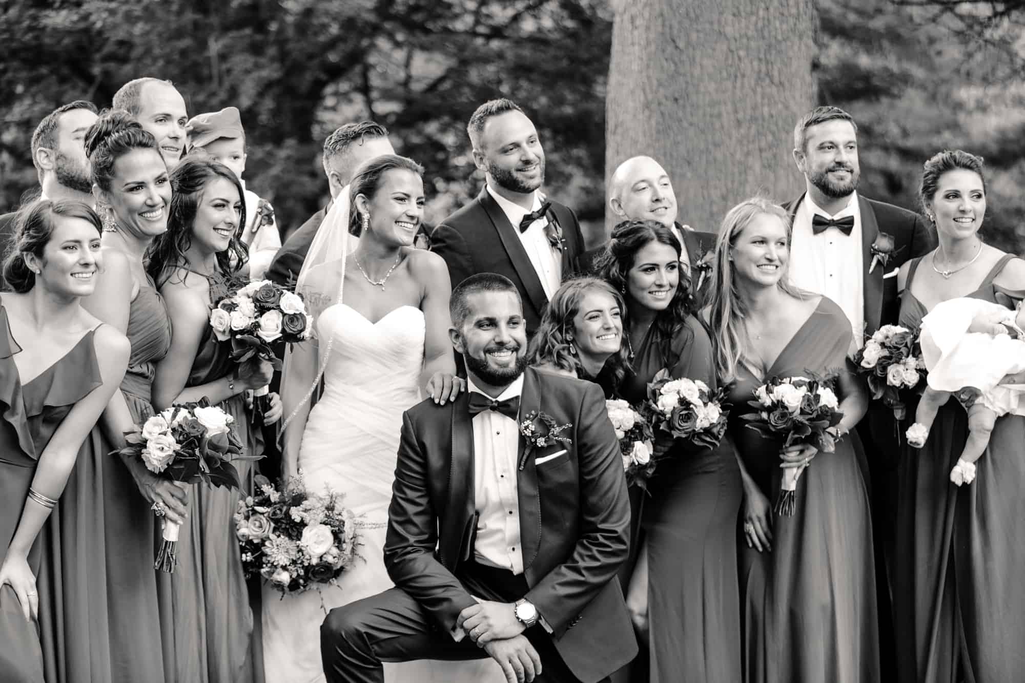 Black and white image of bridal party at the Glen Foerd Mansion
