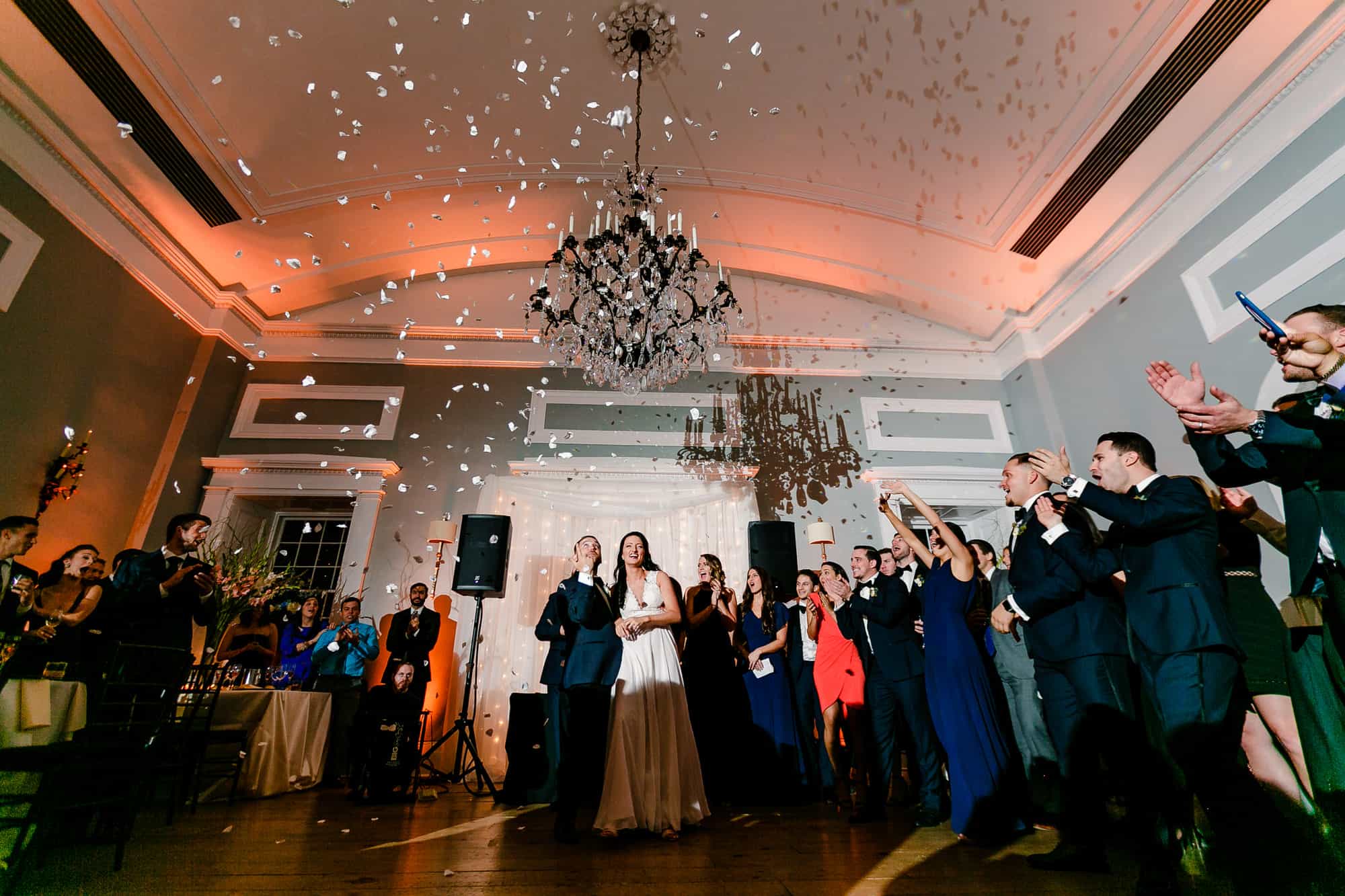 Bride and groom watch confetti rain down at Waterworks in Philadelphia