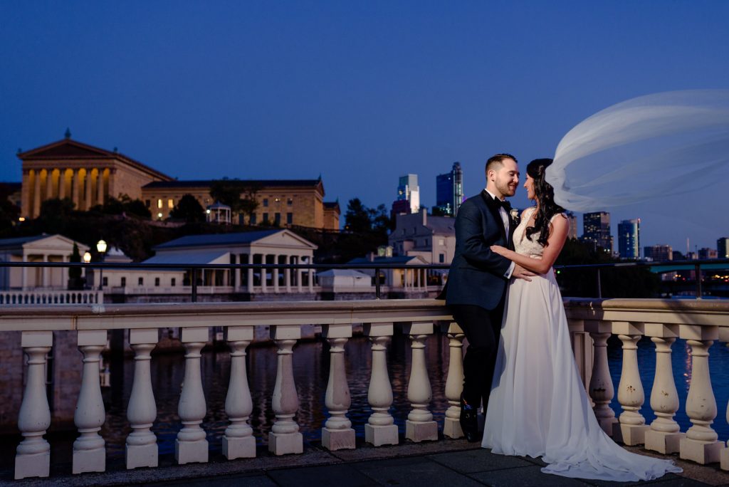 Bride and groom embracing at Water Works Philadelphia