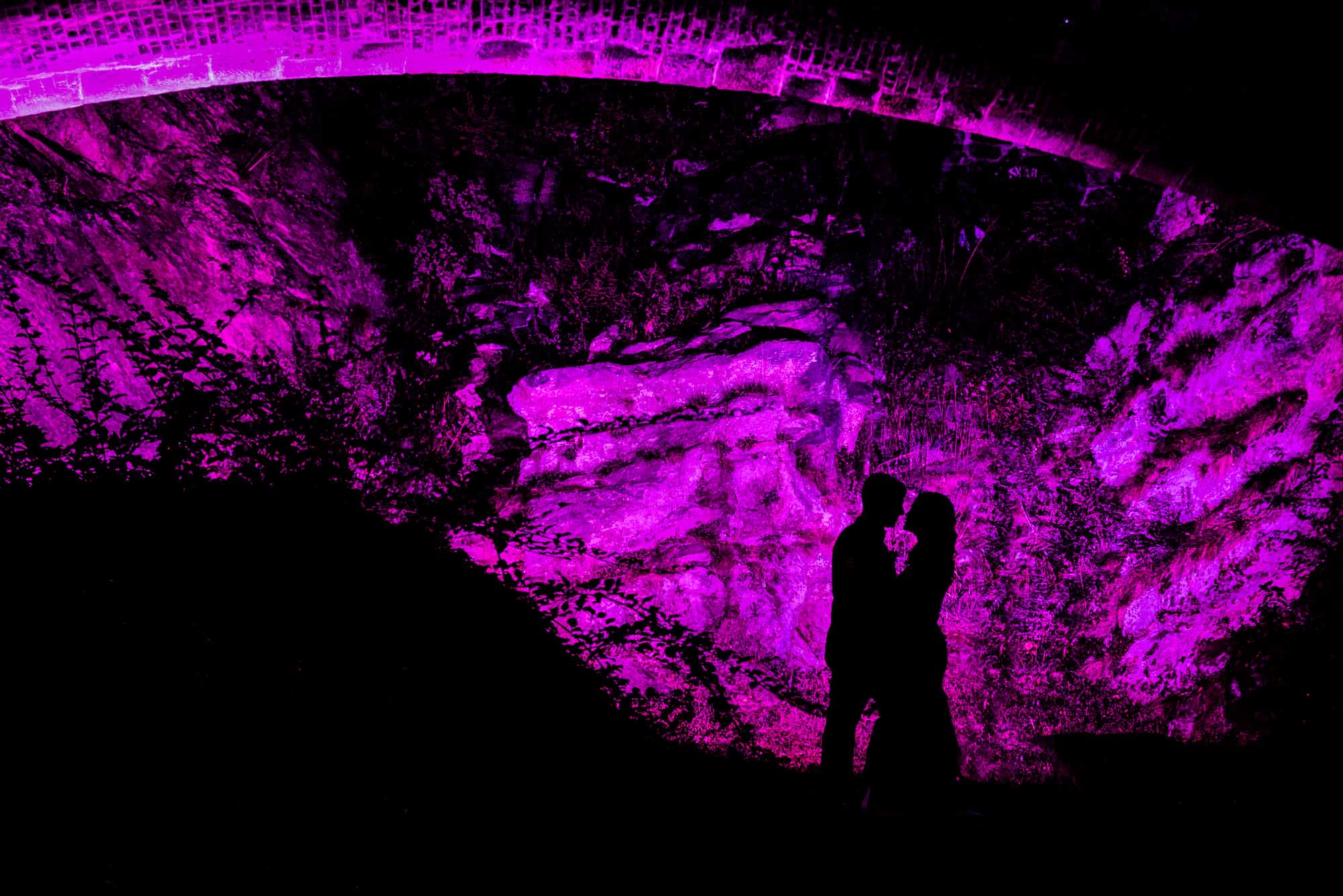 Silhouette of couple against purple background at Water Works Philadelphia