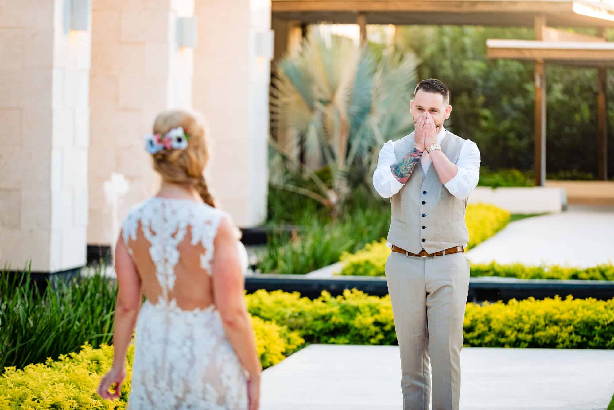 grooms first look on the bride shot