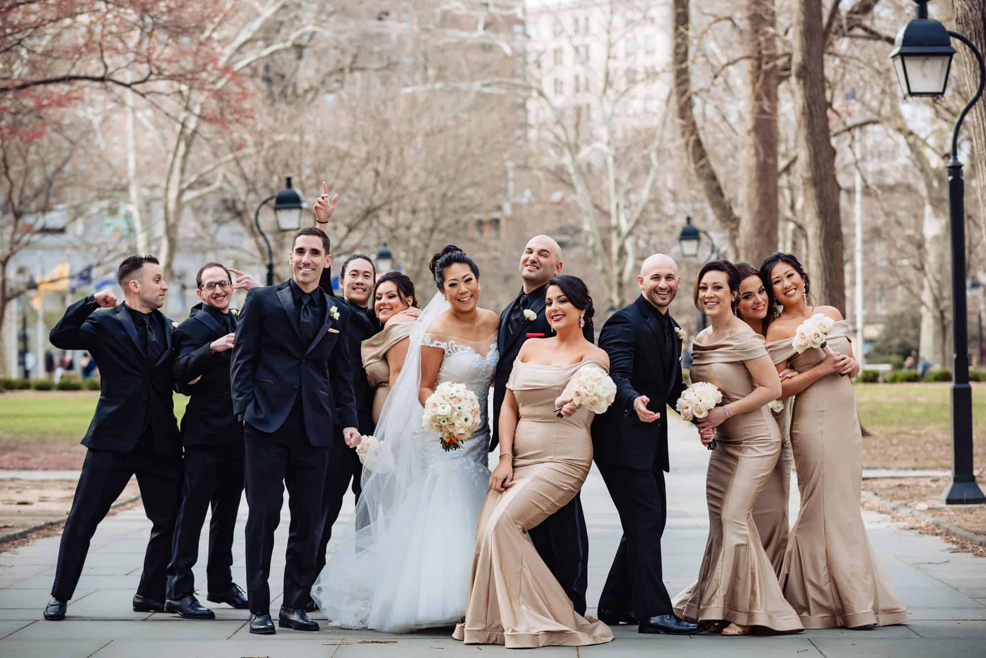 bride and groom with bridesmaid and groomsmen