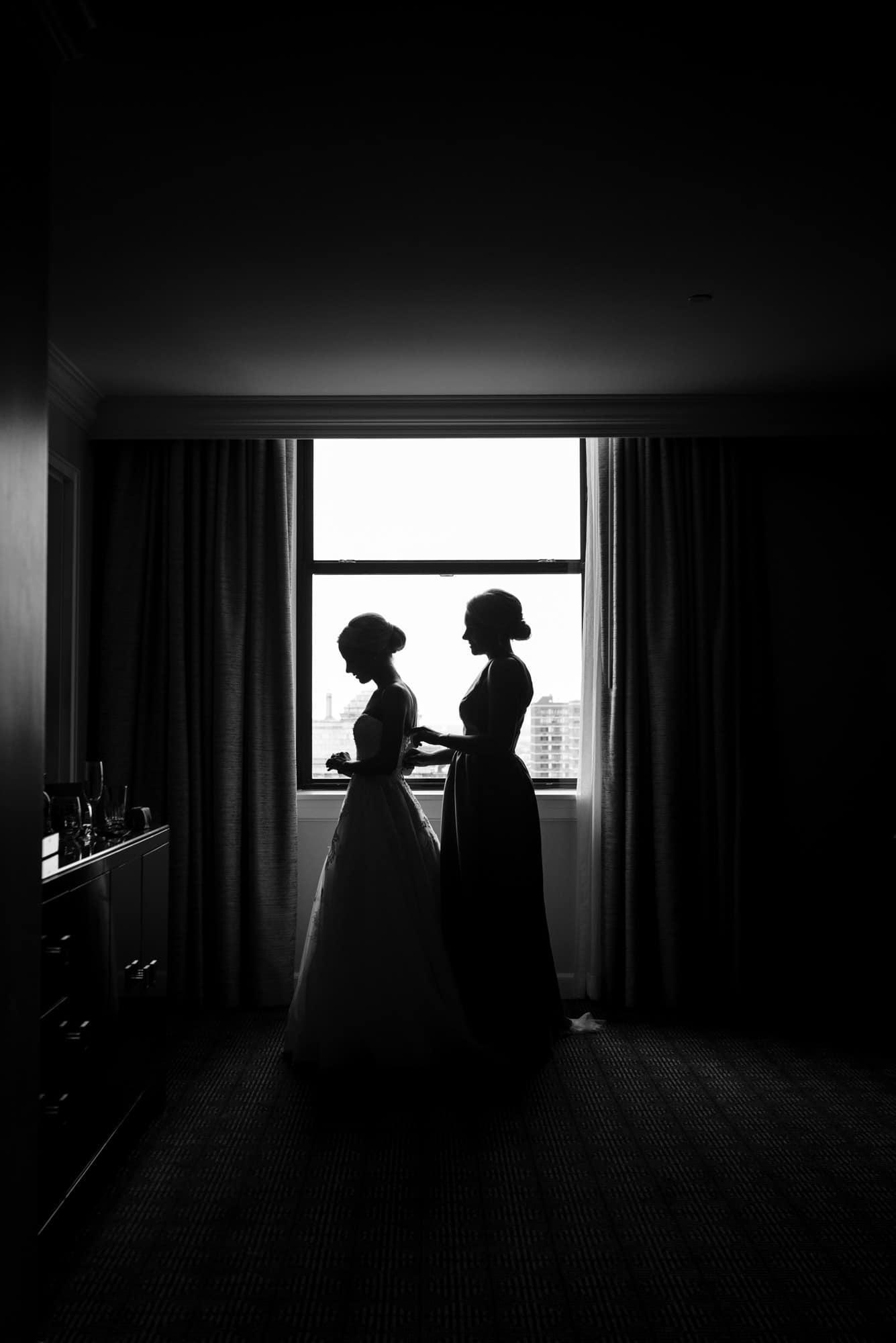 Silhouette of bride and maid of honor at the Ritz Carlton Philadelphia