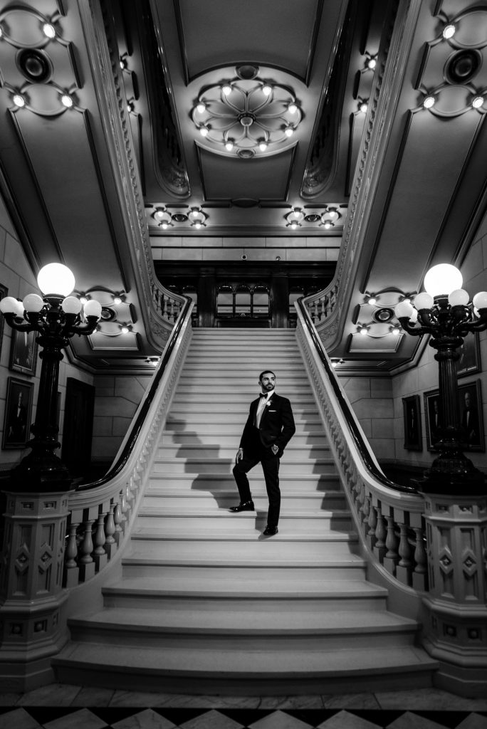 Portrait of handsome groom at Masonic Temple of Philadelphia