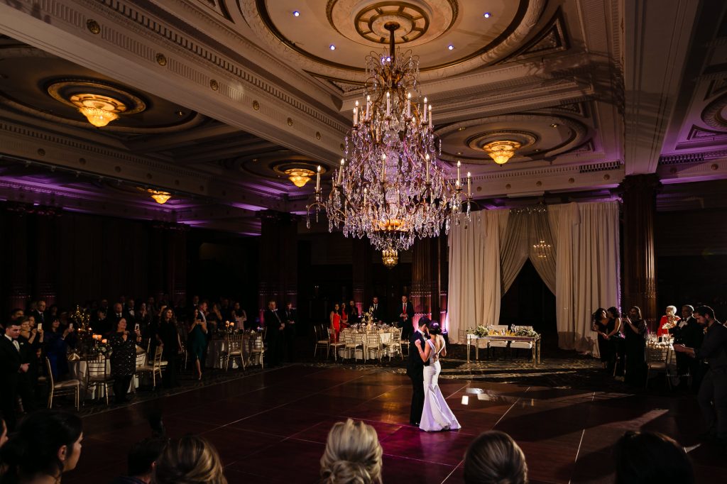 Bride and groom dancing at Crystal Tea Room wedding reception