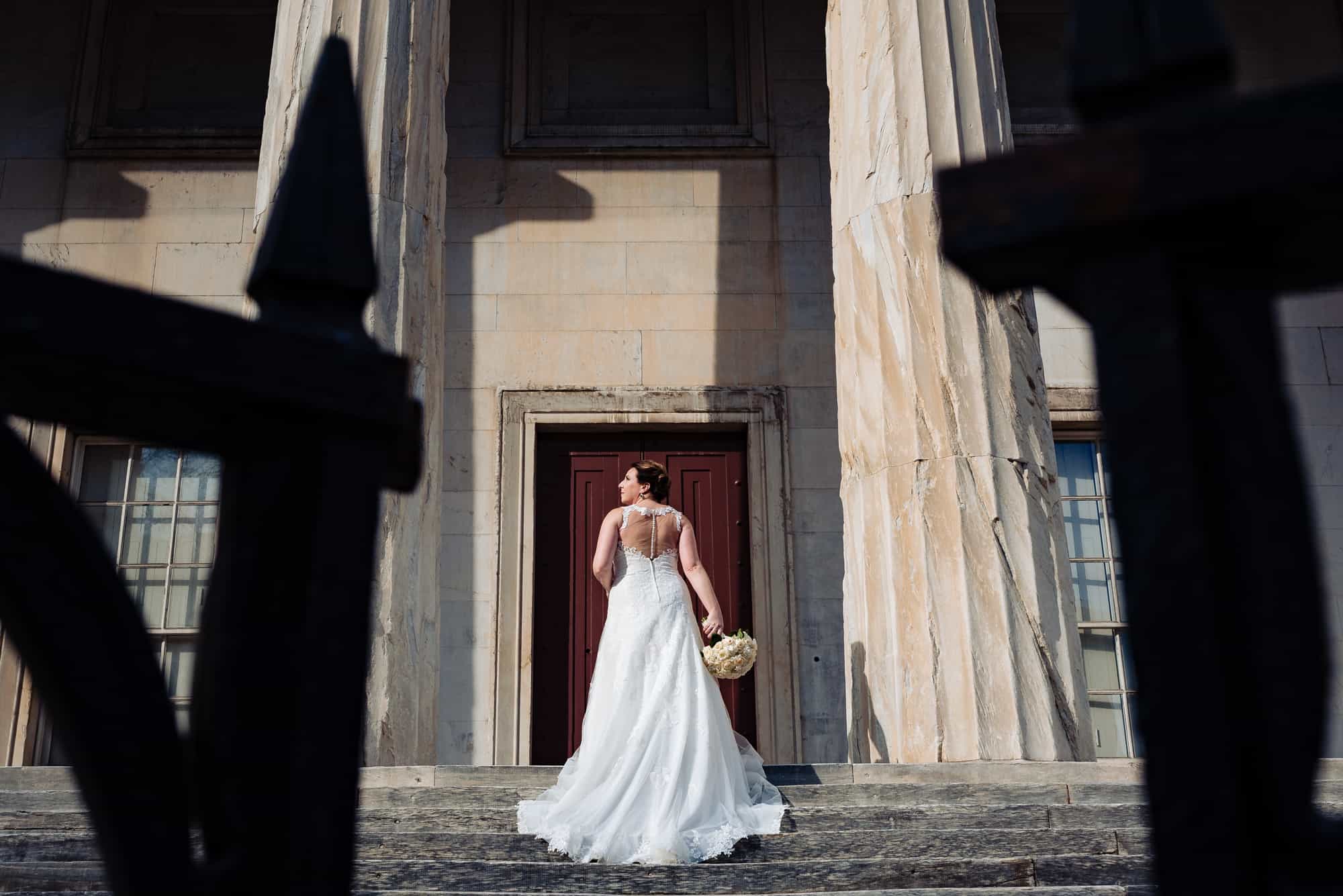 bride walking up the stairs