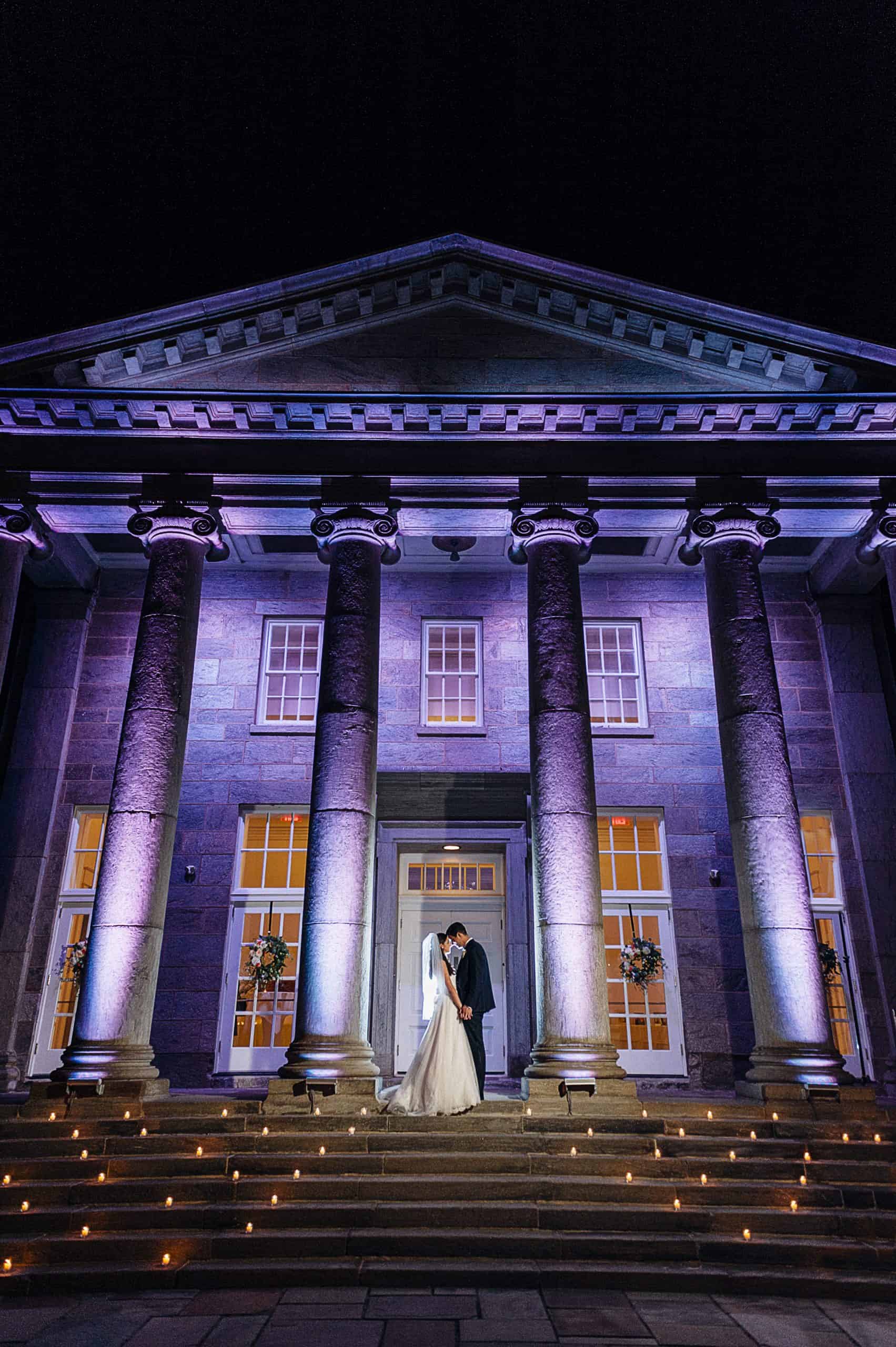 Night shot of an intimate moment of the bride and groom