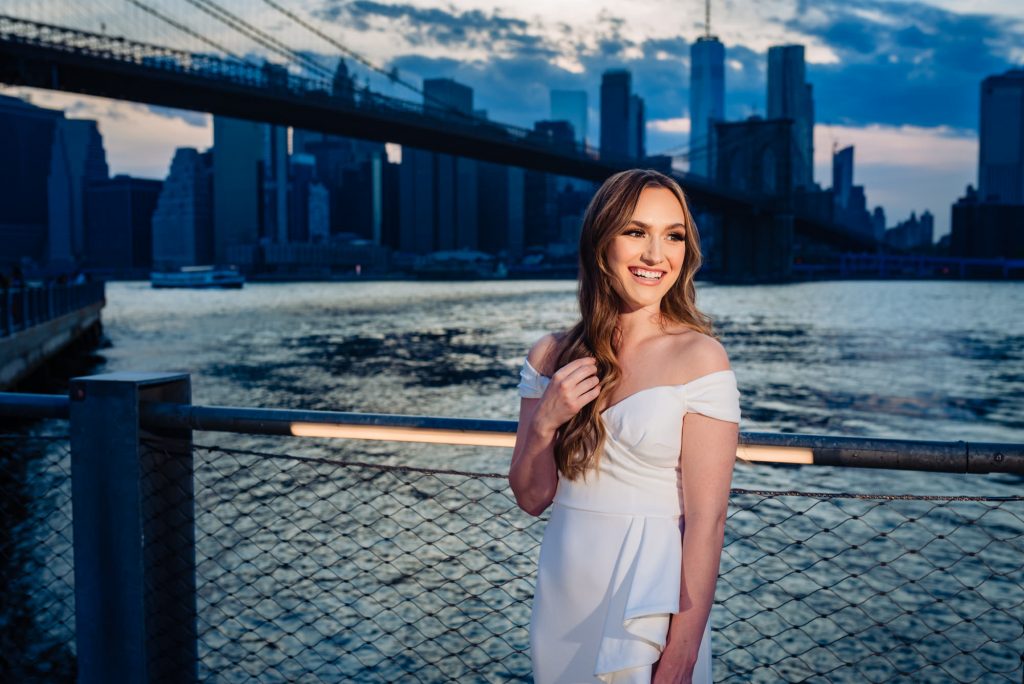 solo shot of bride-to-be during her Brooklyn Bridge park e-session