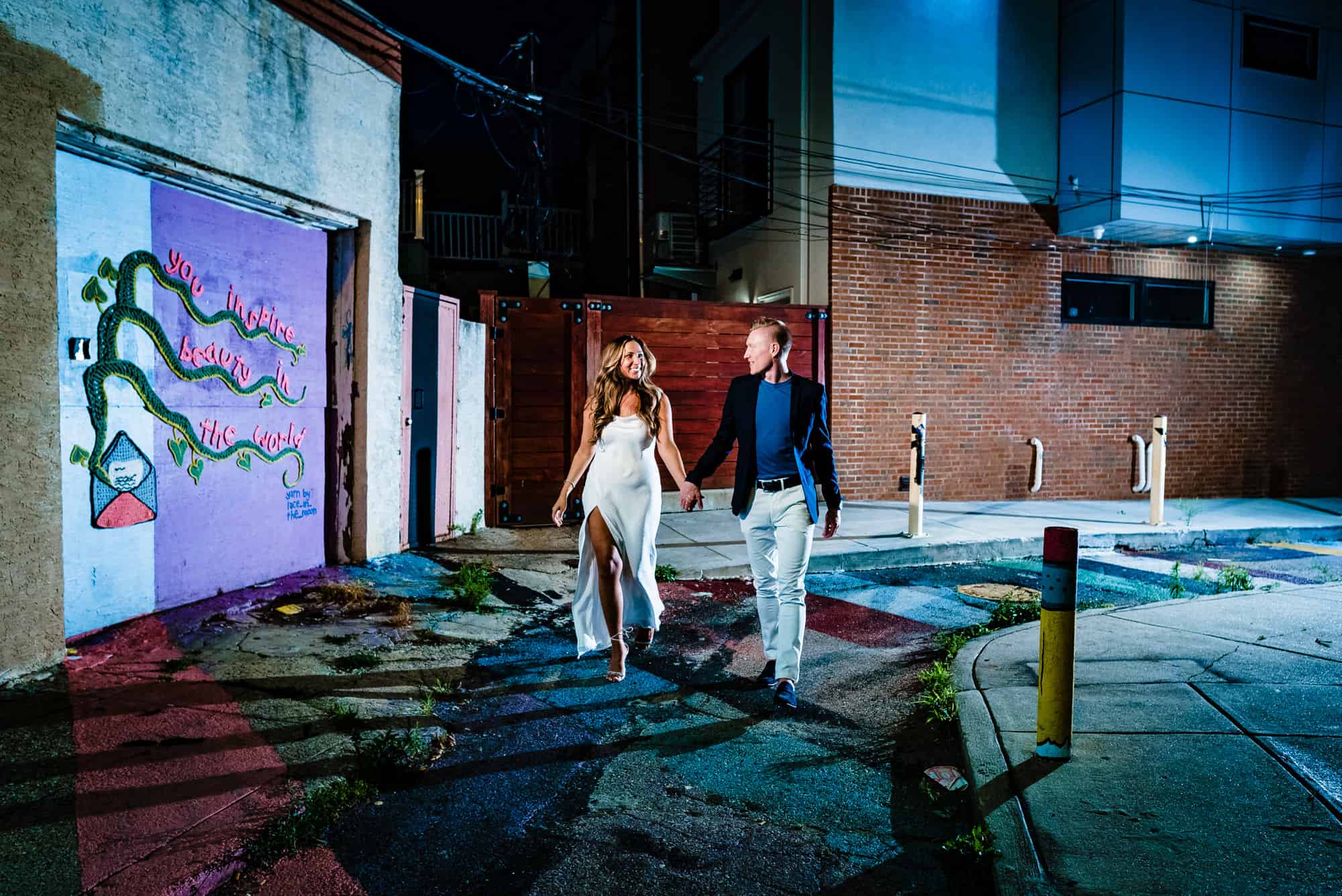 night shot of couple taking a pose during their philly summer e-session