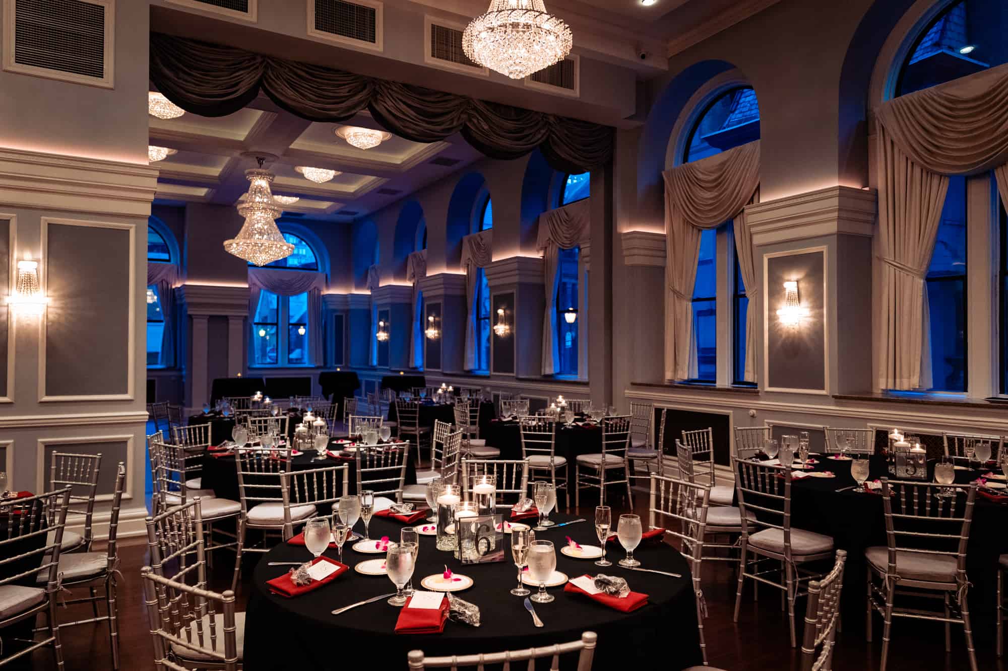 landscape shot of the reception table setting at the arts ballroom