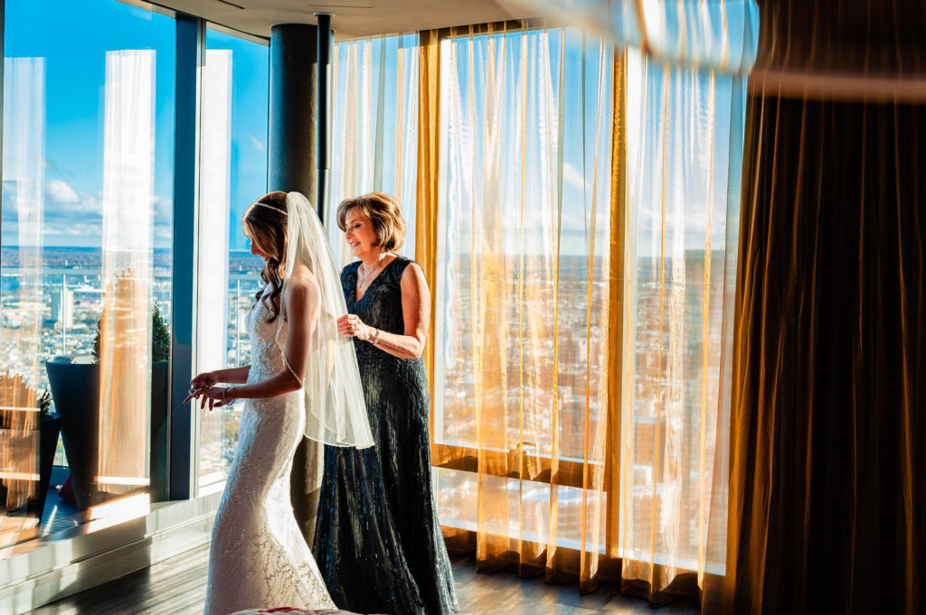 bride and her mother getting ready in her suite at the W Hotel Philly