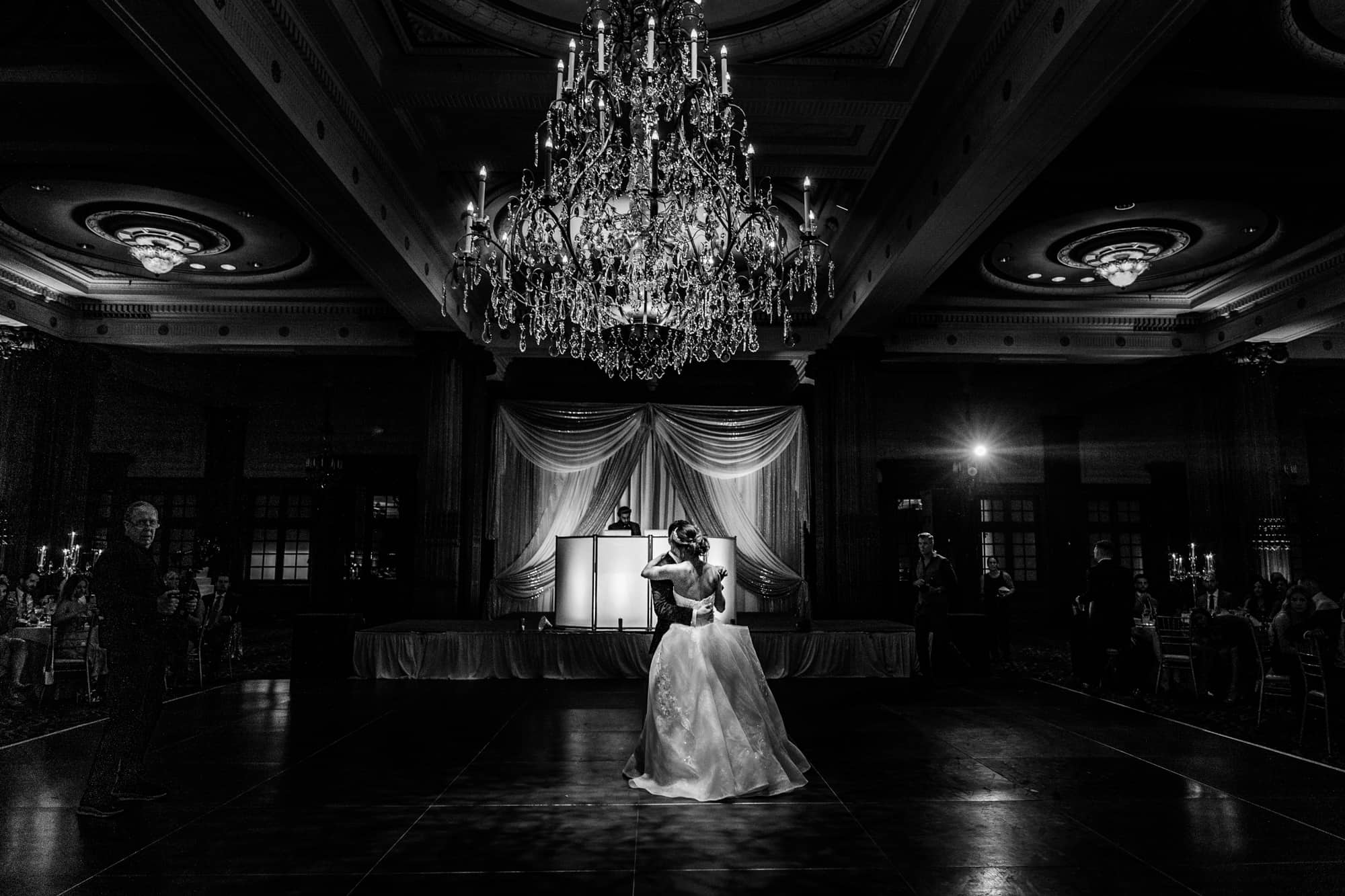 black and white shot of the couple's first dance at the crystal tea room venue