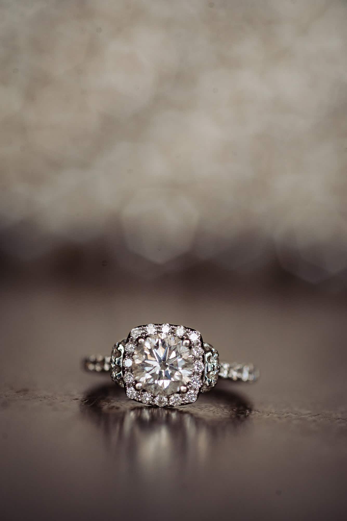 detailed shot of a diamond studded engagement ring