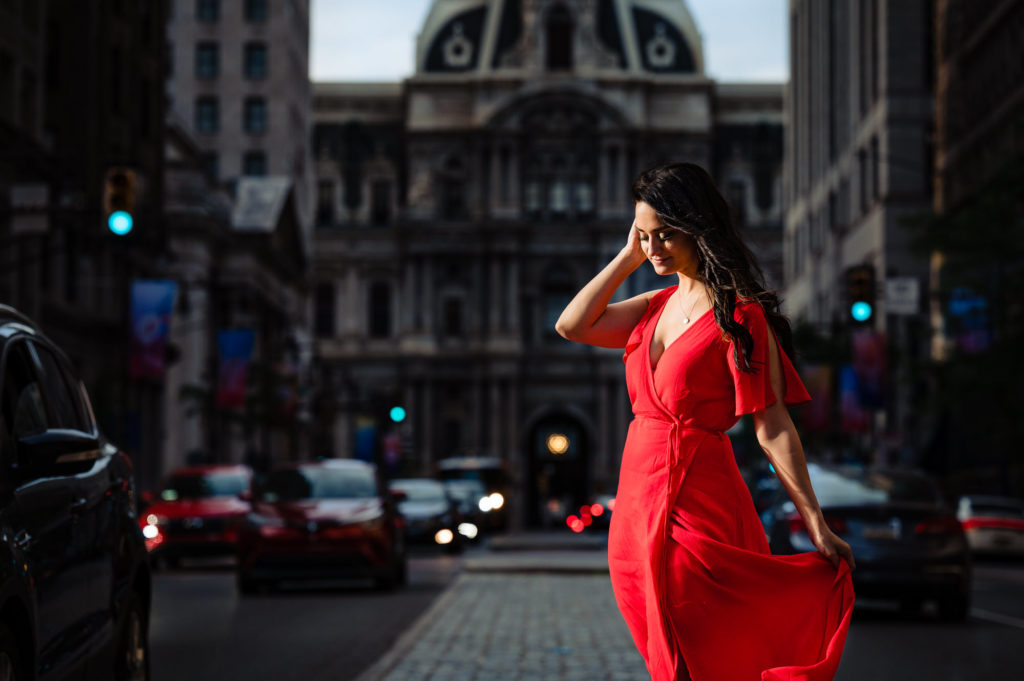 bride-to-be posing outside the philly art museum