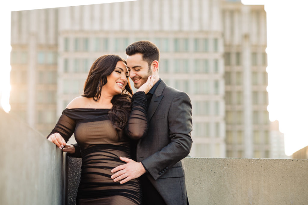 intimate moment between the couple during their center city e-shoot