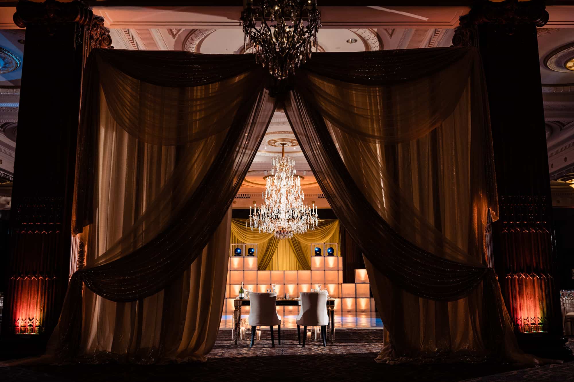 wide shot of the newlywed's reception table