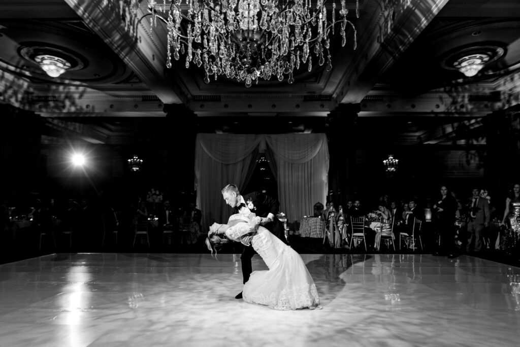 black and white shot of newlyweds on the dancefloor
