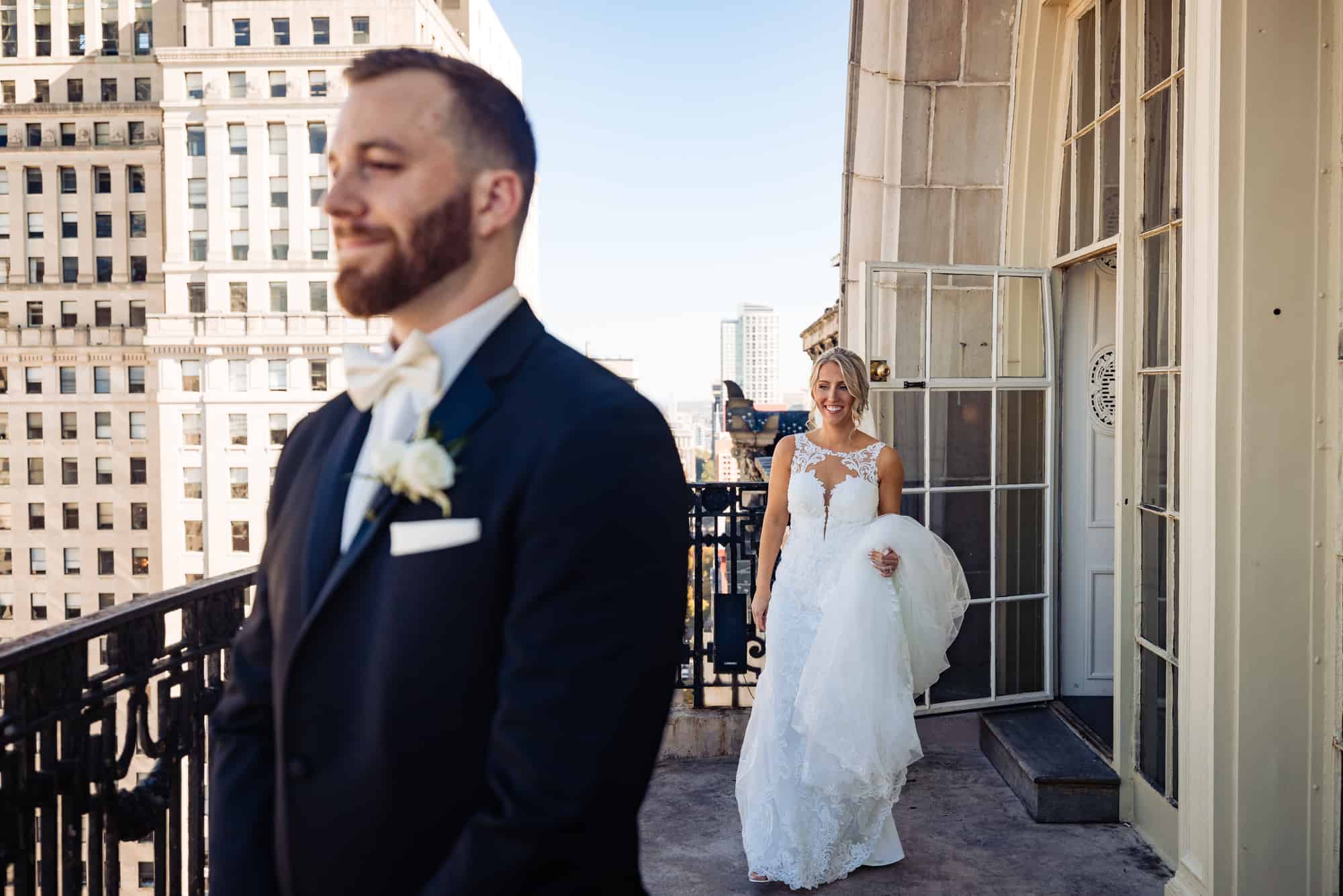 Groom waiting for his bride for the look