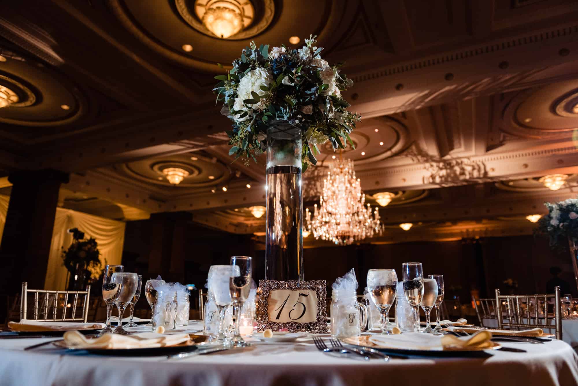 close up shot of the crystal tea room wedding reception table decoration