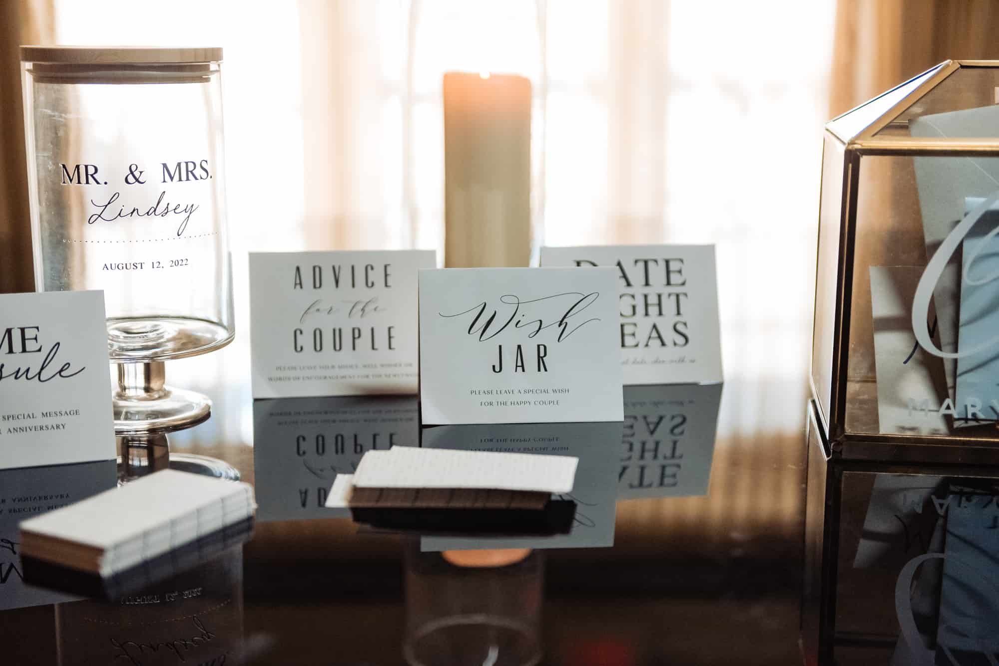 cards and candles as accents and decors in the wedding reception