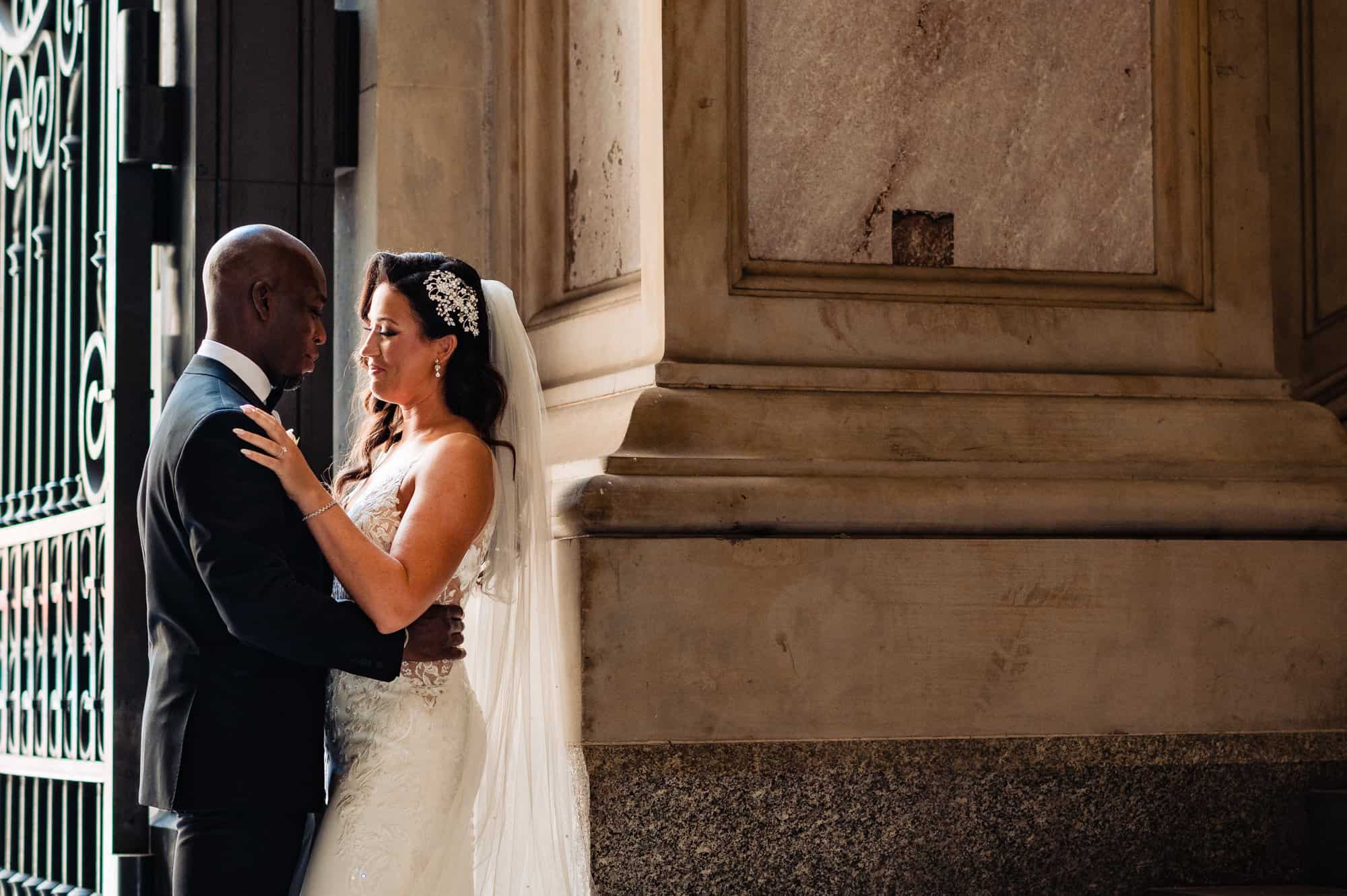 close up shot of the couple taking a candid pose before their center city wedding at cescaphe ballroom