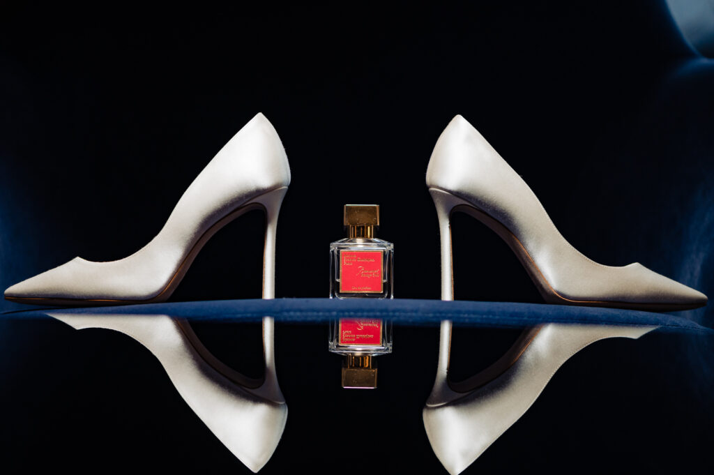 bride's wedding heels and perfume