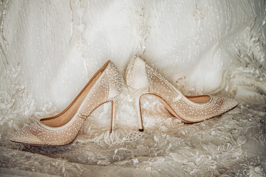 ivory colored Badgley Mischka wedding pumps with white dotted accents