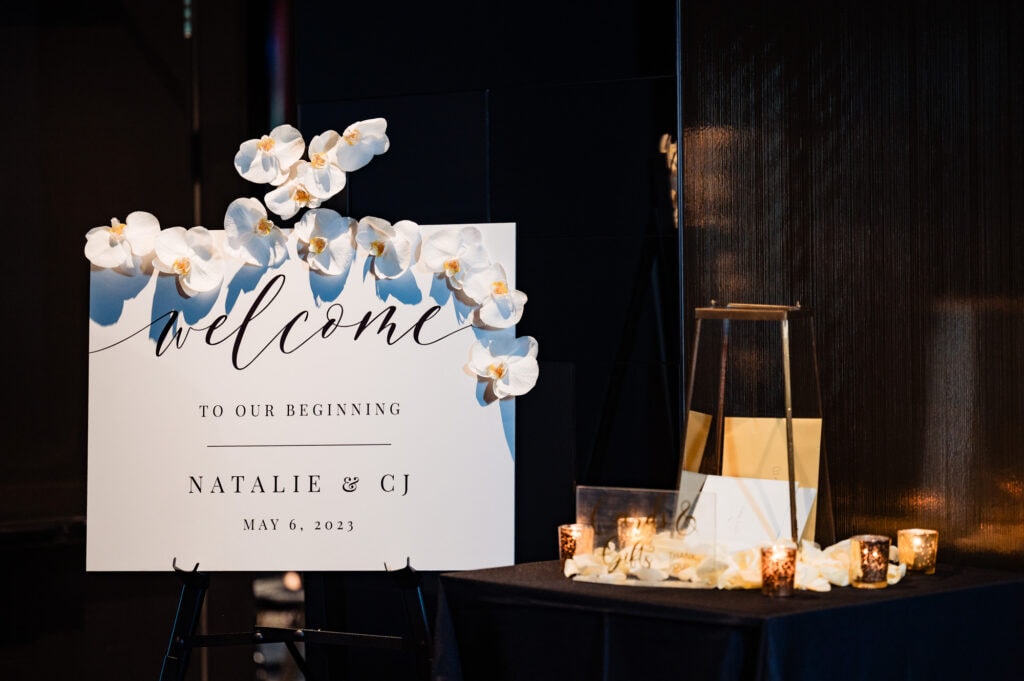 wedding entrance sign board with candles beside