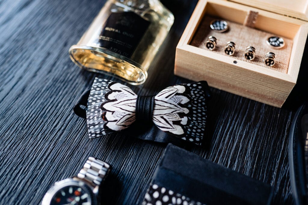 close up of the groom's wedding bow tie design