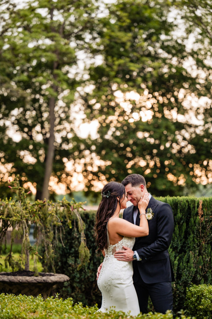 The bride and groom tenderly gaze into each other's eyes