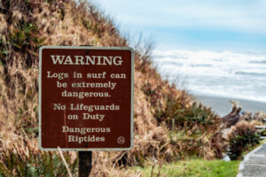 At Kalaloch Beach 4, a warning sign stands prominently, alerting visitors to the unique hazards and attractions of the area. The sign cautions visitors about the ever-changing Tides and the potential dangers of being caught off-guard by rising waters.