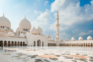 Iconic view of the Sheikh Zayed Grand Mosque's exterior, a symbol of beauty and spirituality