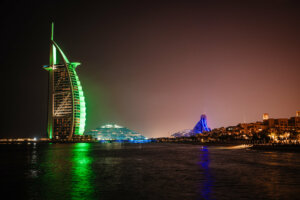 The view of the Burj Al Arab from the pier of the Jumeriah Al Qasr Hotel. Undoubtedly one of Dubai's most iconic landmarks and a top tourist attraction, the Burj Al Arab is celebrated for its prestigious 'seven-star status'.