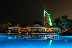 Impressive frontage of Jumeirah Al Qasr, evoking the grandeur of ancient palaces with its intricate design and royal ambiance