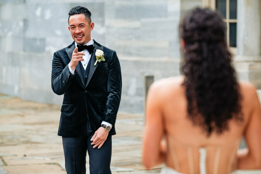 Bride and groom overcome with emotion as they embrace after their first look