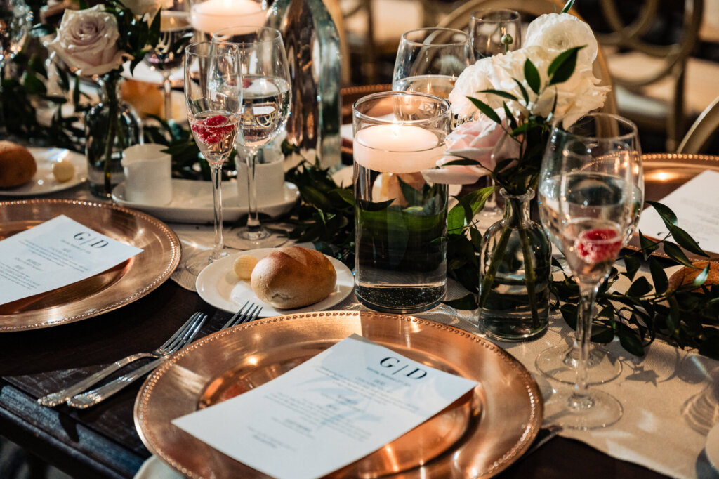 Close-up of the wedding reception table decor