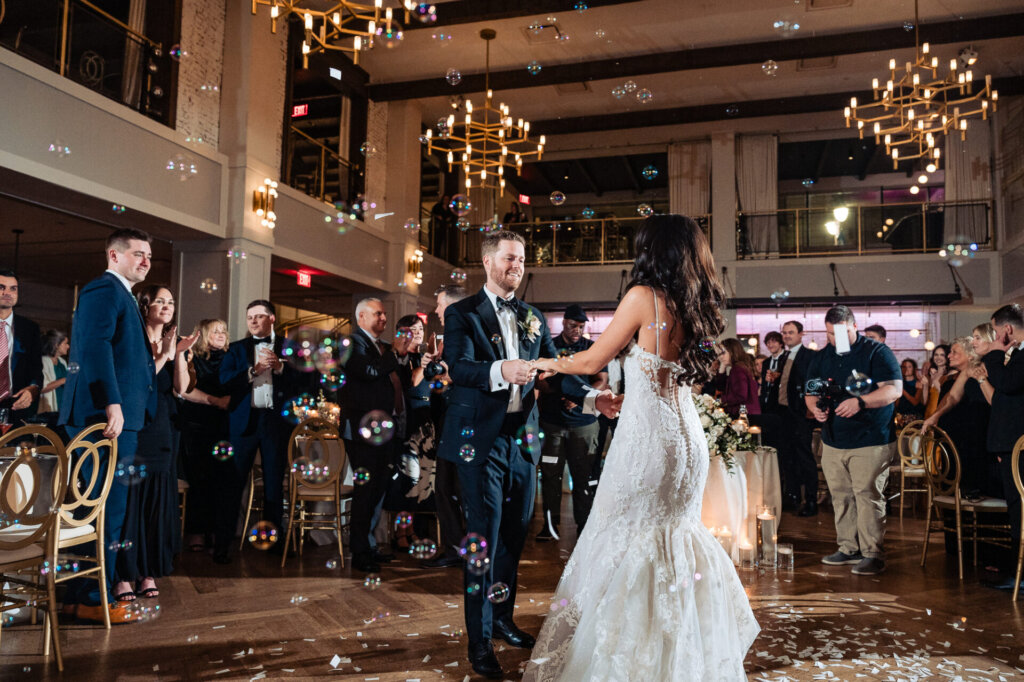 Newlyweds joyfully dancing together