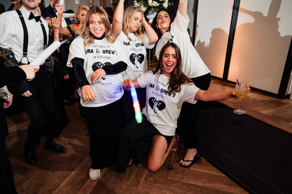 Bridal party wearing matching shirts